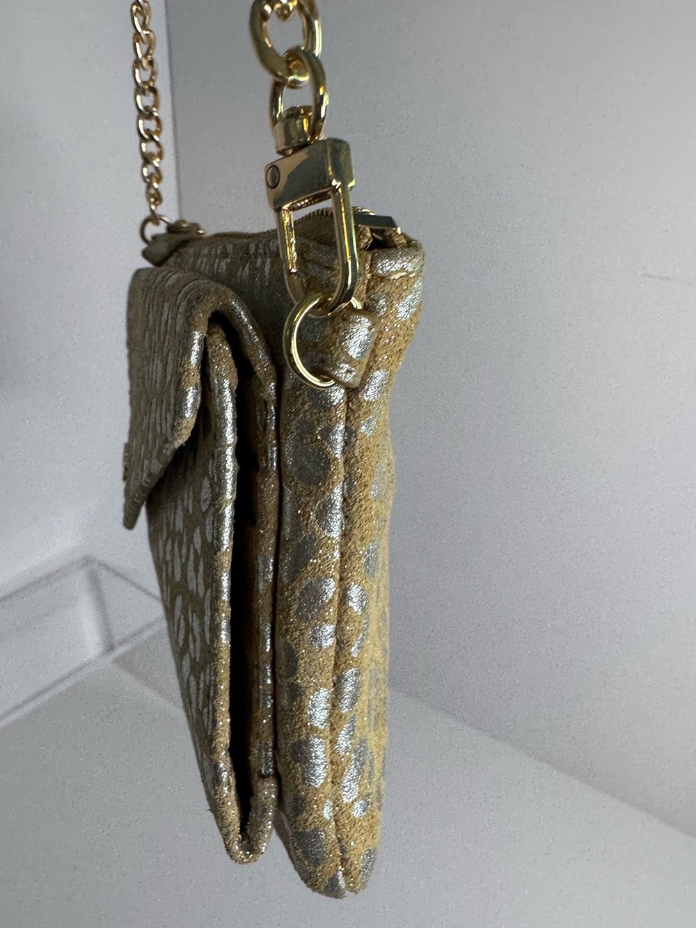 #426 Lodis Small Silver Metallic Leather & Suede Leopard Print Clutch Shoulder - Picture 6 of 16